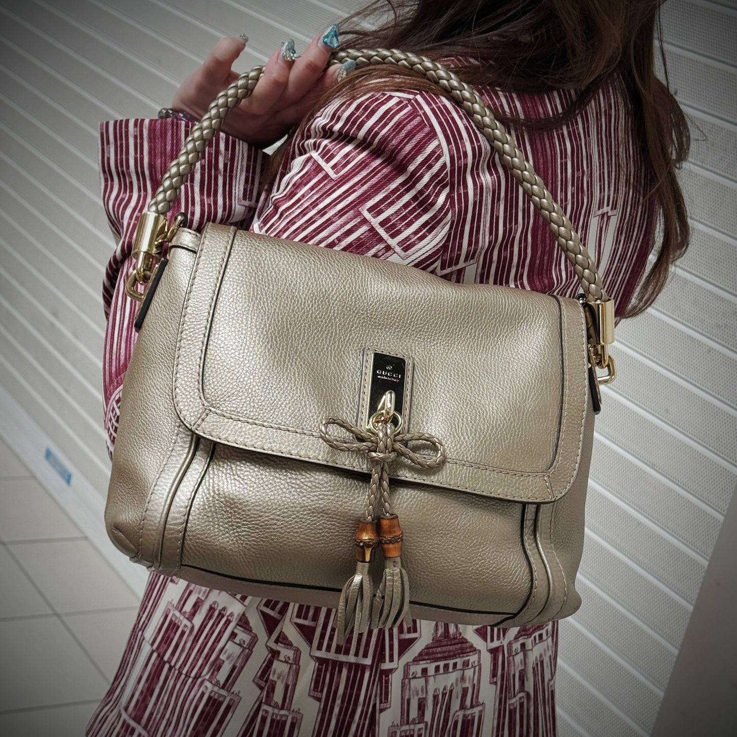 Gucci Gold Leather Braided Handle Bag TWS