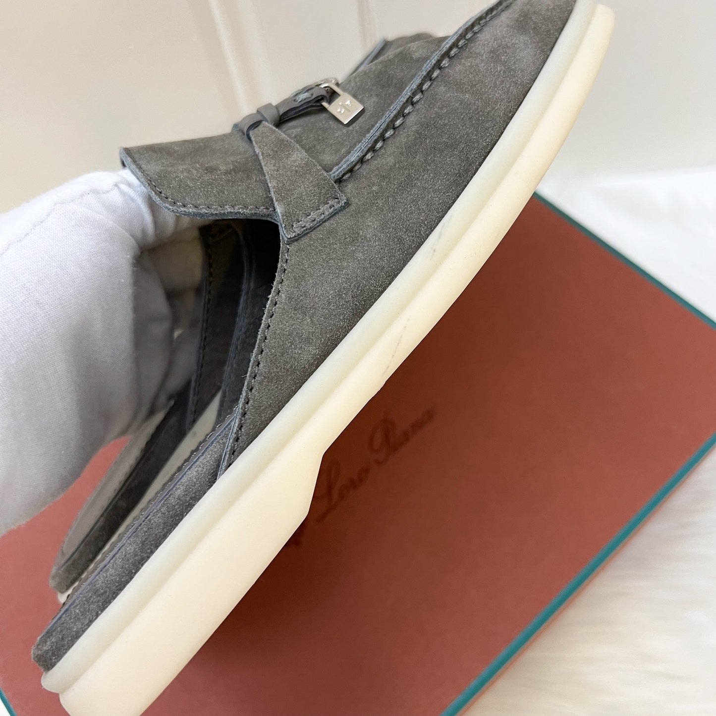 Loro Piana Summer Charms Play Mules in Grey Suede and SHW Sz 36.5