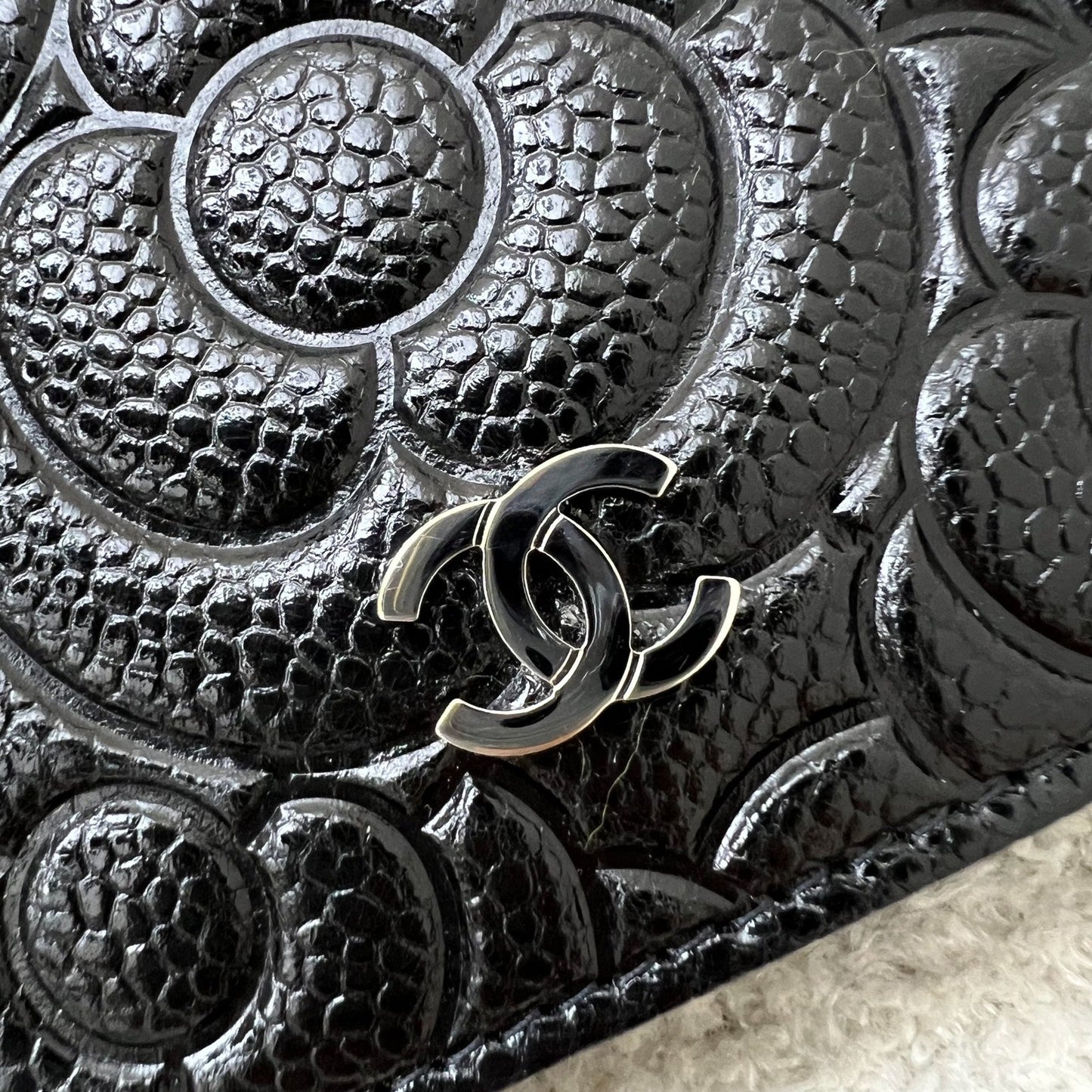 Chanel 20K Camellia Micro Flap / Clutch on Chain Belt Bag in Black Caviar and SHW