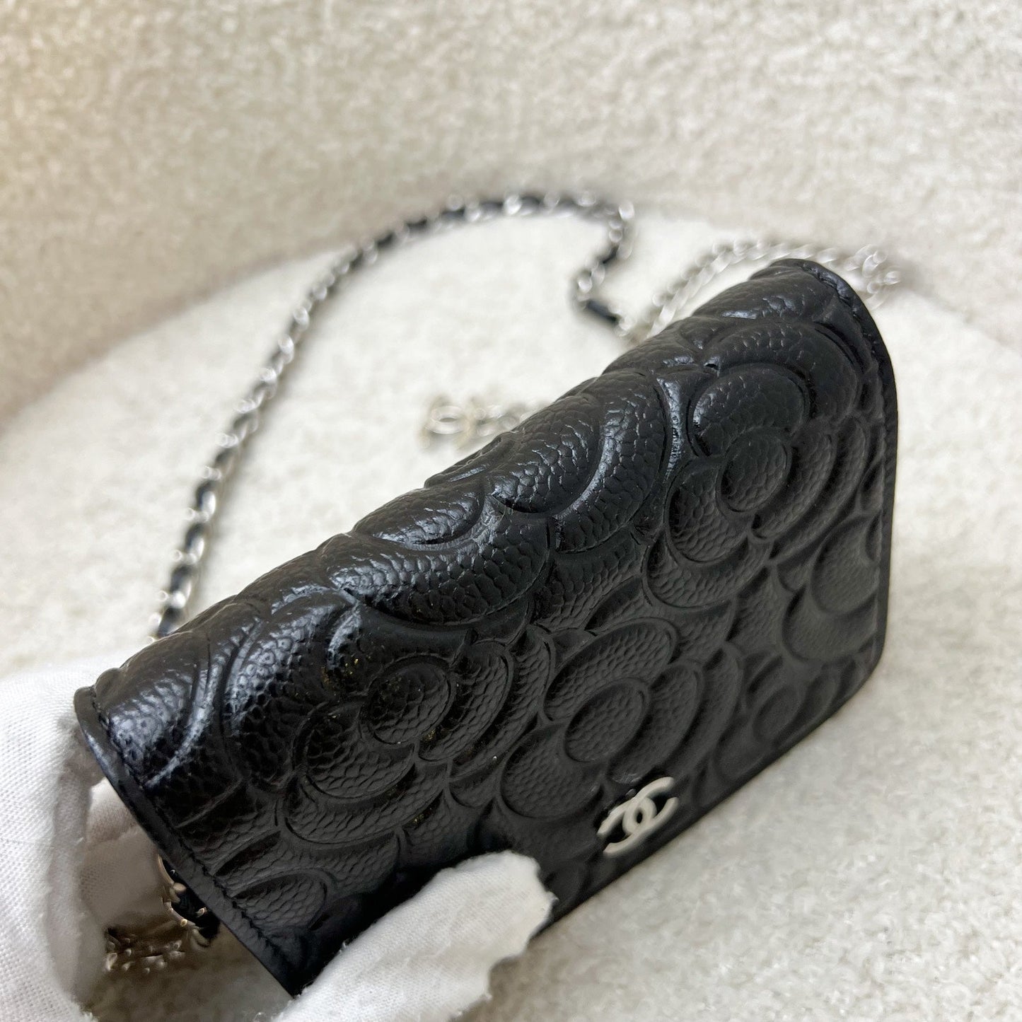 Chanel 20K Camellia Micro Flap / Clutch on Chain Belt Bag in Black Caviar and SHW