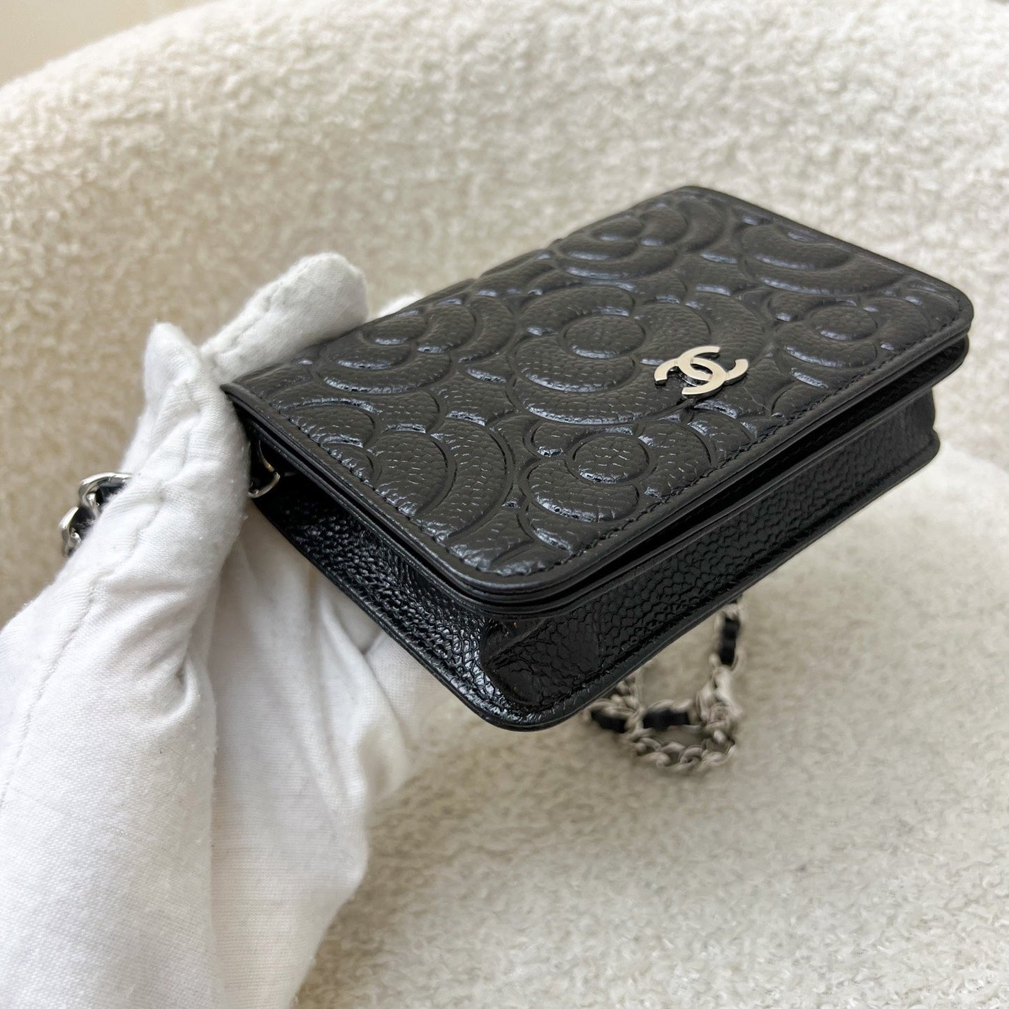 Chanel 20K Camellia Micro Flap / Clutch on Chain Belt Bag in Black Caviar and SHW