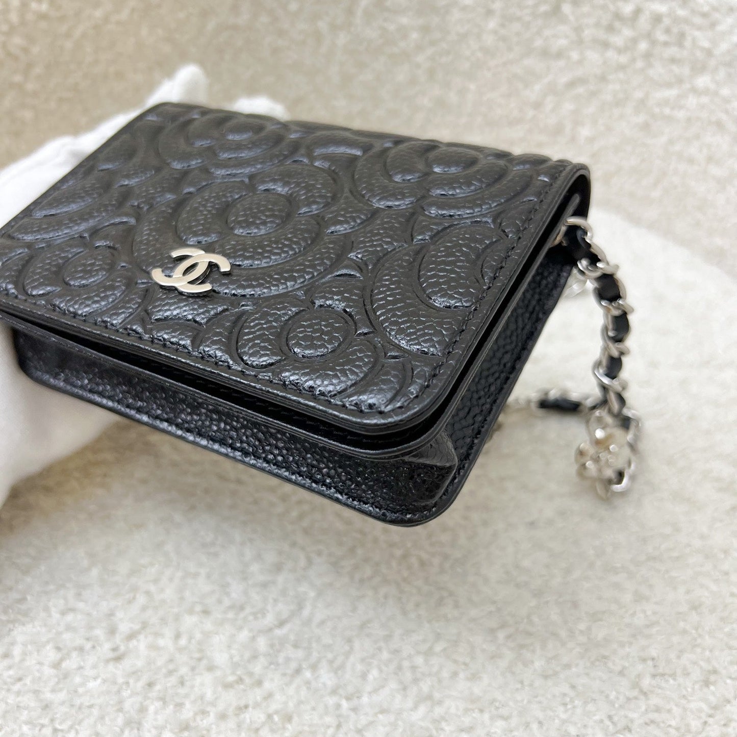 Chanel 20K Camellia Micro Flap / Clutch on Chain Belt Bag in Black Caviar and SHW