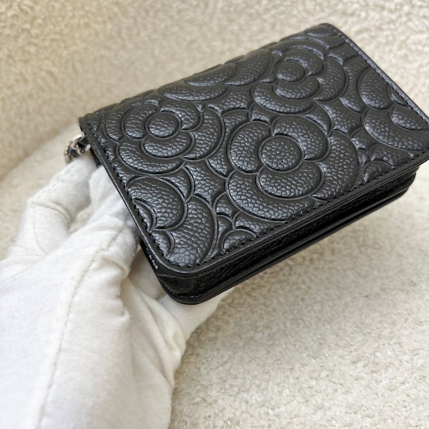 Chanel 20K Camellia Micro Flap / Clutch on Chain Belt Bag in Black Caviar and SHW