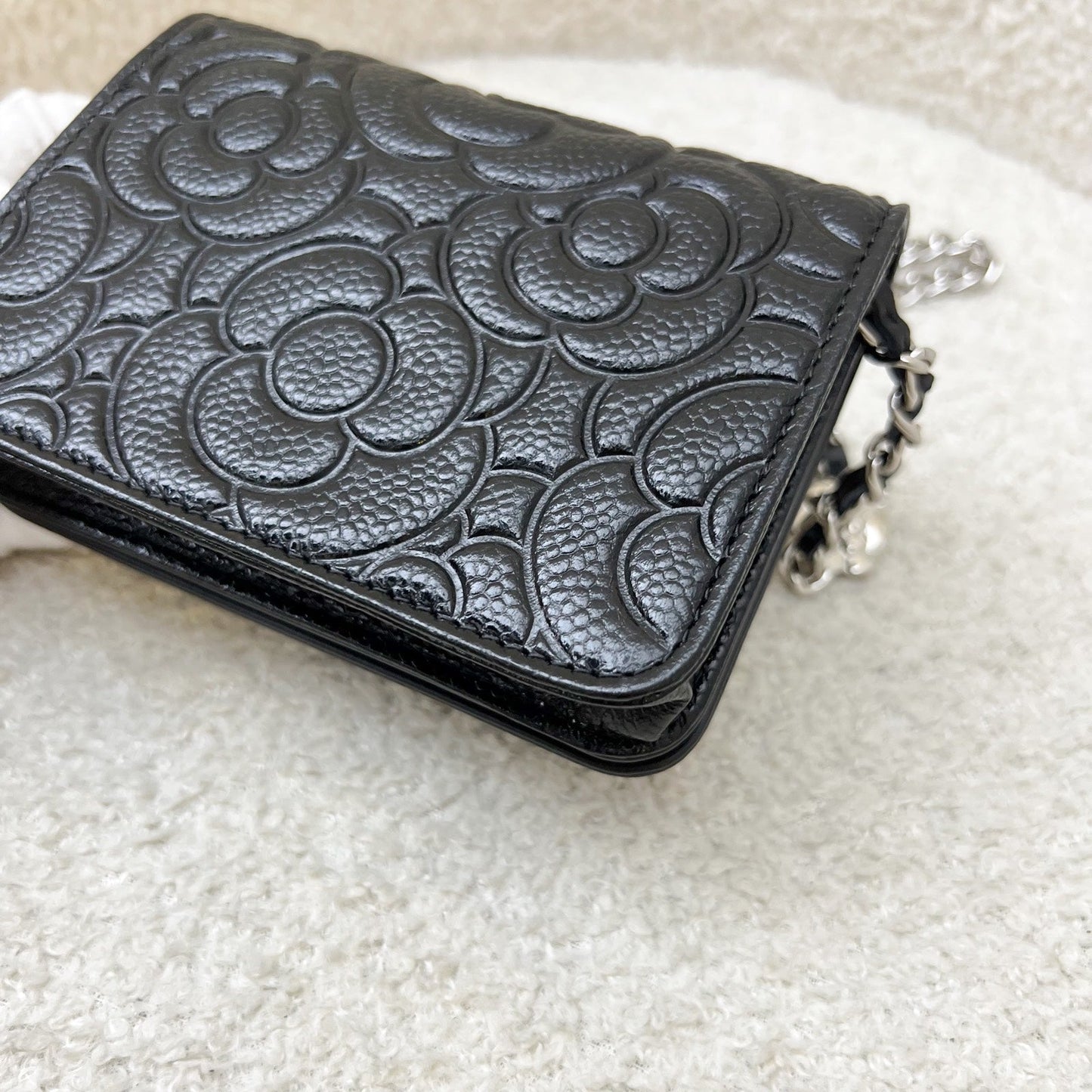Chanel 20K Camellia Micro Flap / Clutch on Chain Belt Bag in Black Caviar and SHW