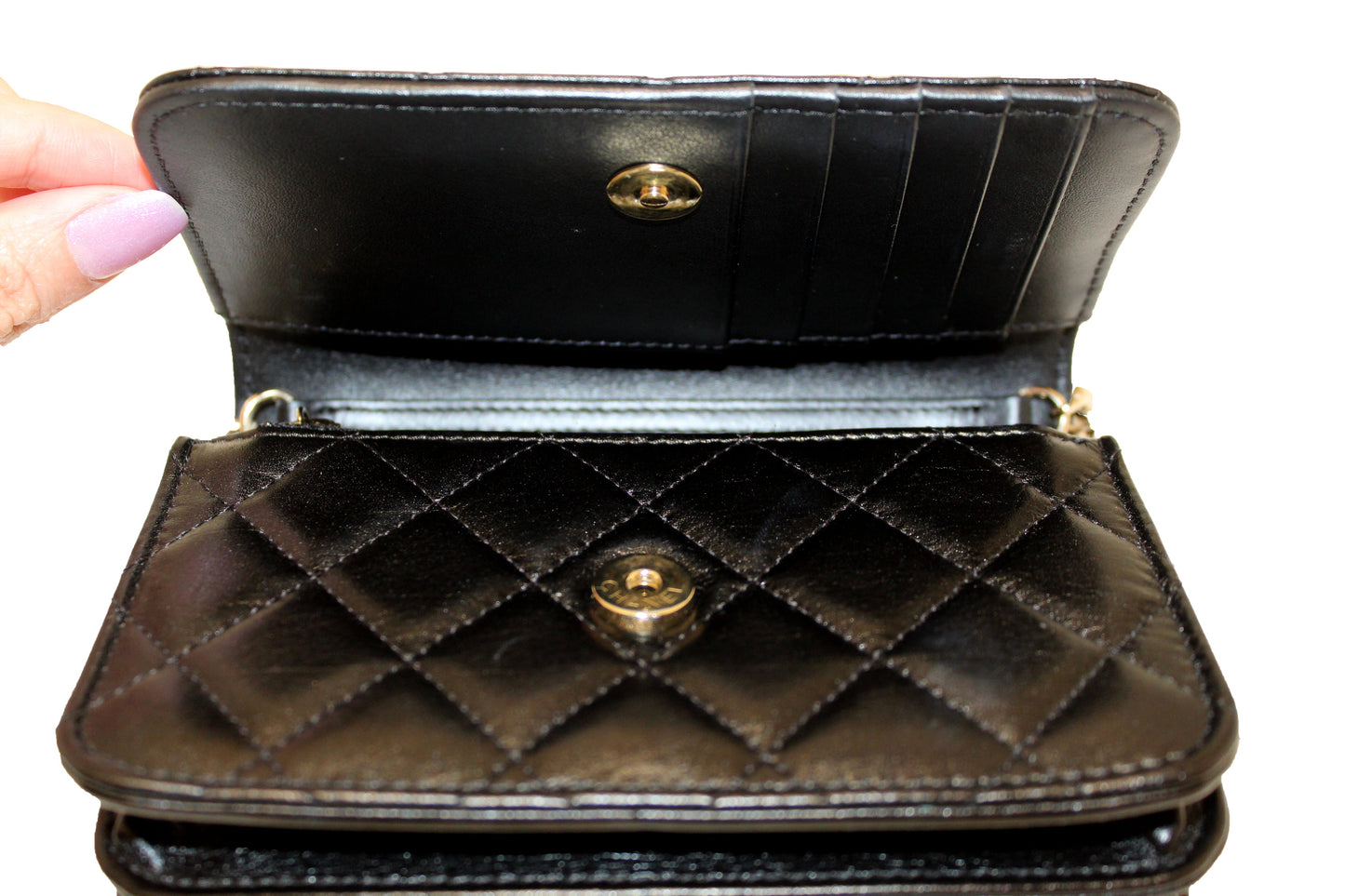 Chanel Black Quilted Calfskin Leather Wallet with Pearl Chain