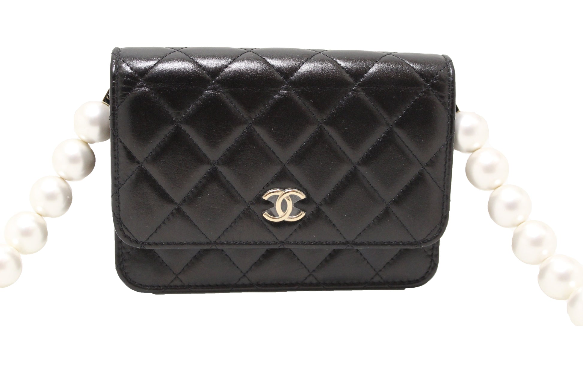 Chanel Black Quilted Calfskin Leather Wallet with Pearl Chain | Havik Shop.com - Shop Now at Havik Shop.com
