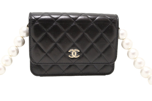 Chanel Black Quilted Calfskin Leather Wallet with Pearl Chain | Havik Shop.com - Shop Now at Havik Shop.com