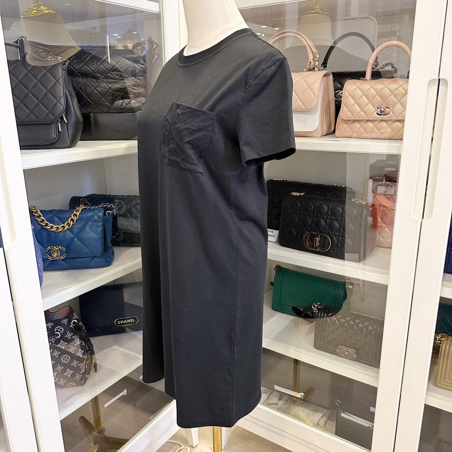 Hermes Straight Dress with Embroidered Pocket in Noir Black 100% Cotton Size 36