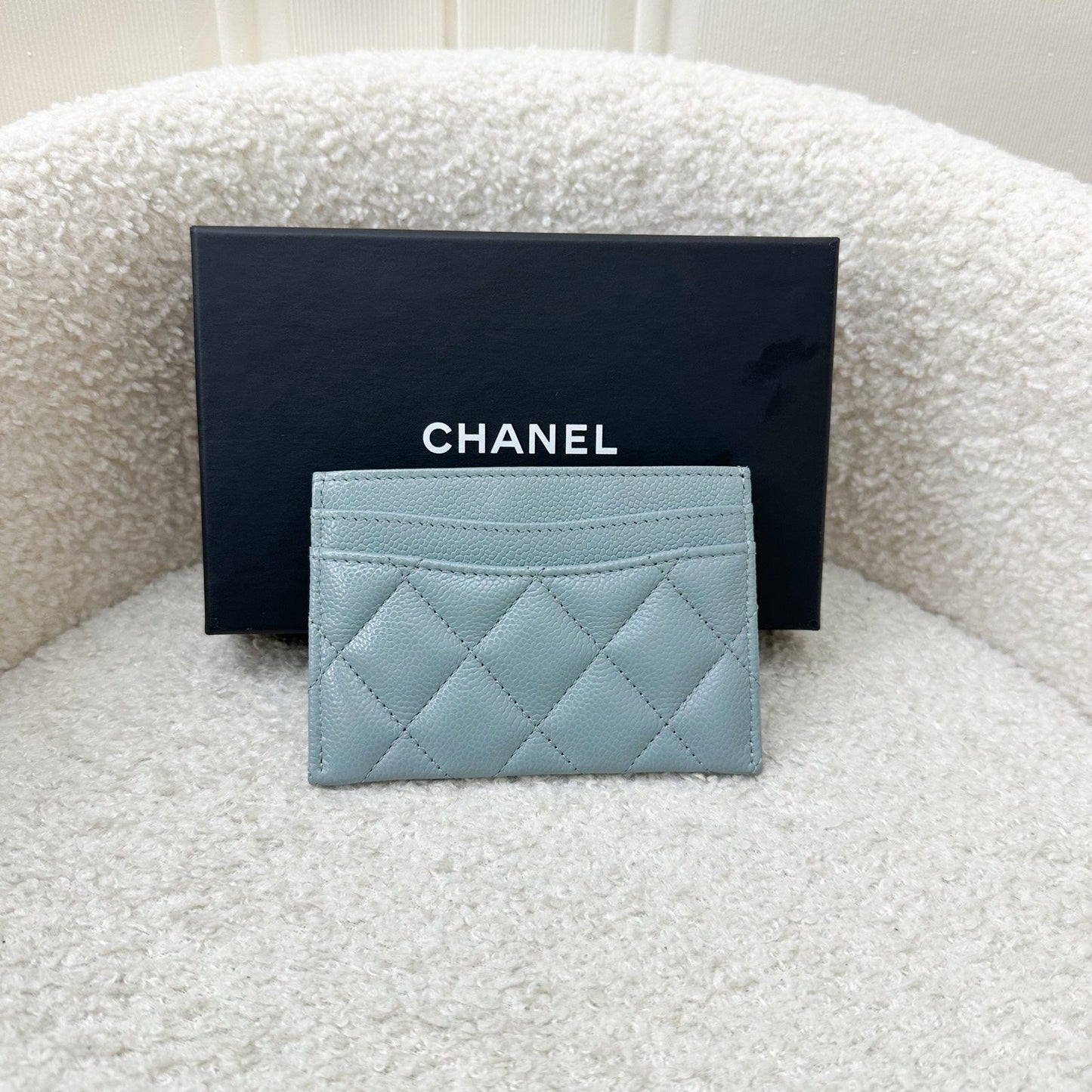Chanel Classic Flat Card Holder in Seafoam Green / Grey Caviar and SHW