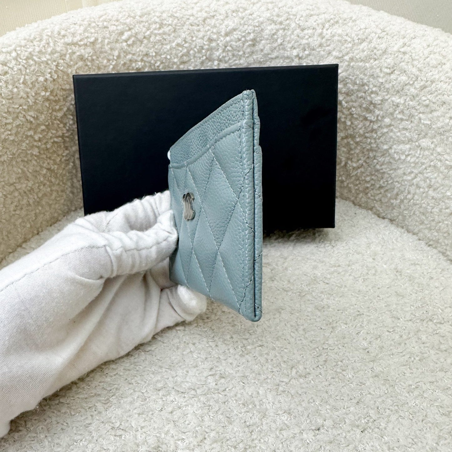 Chanel Classic Flat Card Holder in Seafoam Green / Grey Caviar and SHW