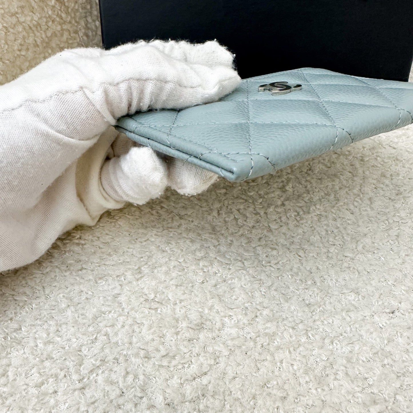 Chanel Classic Flat Card Holder in Seafoam Green / Grey Caviar and SHW