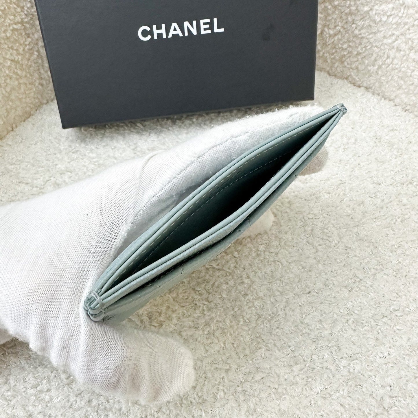 Chanel Classic Flat Card Holder in Seafoam Green / Grey Caviar and SHW