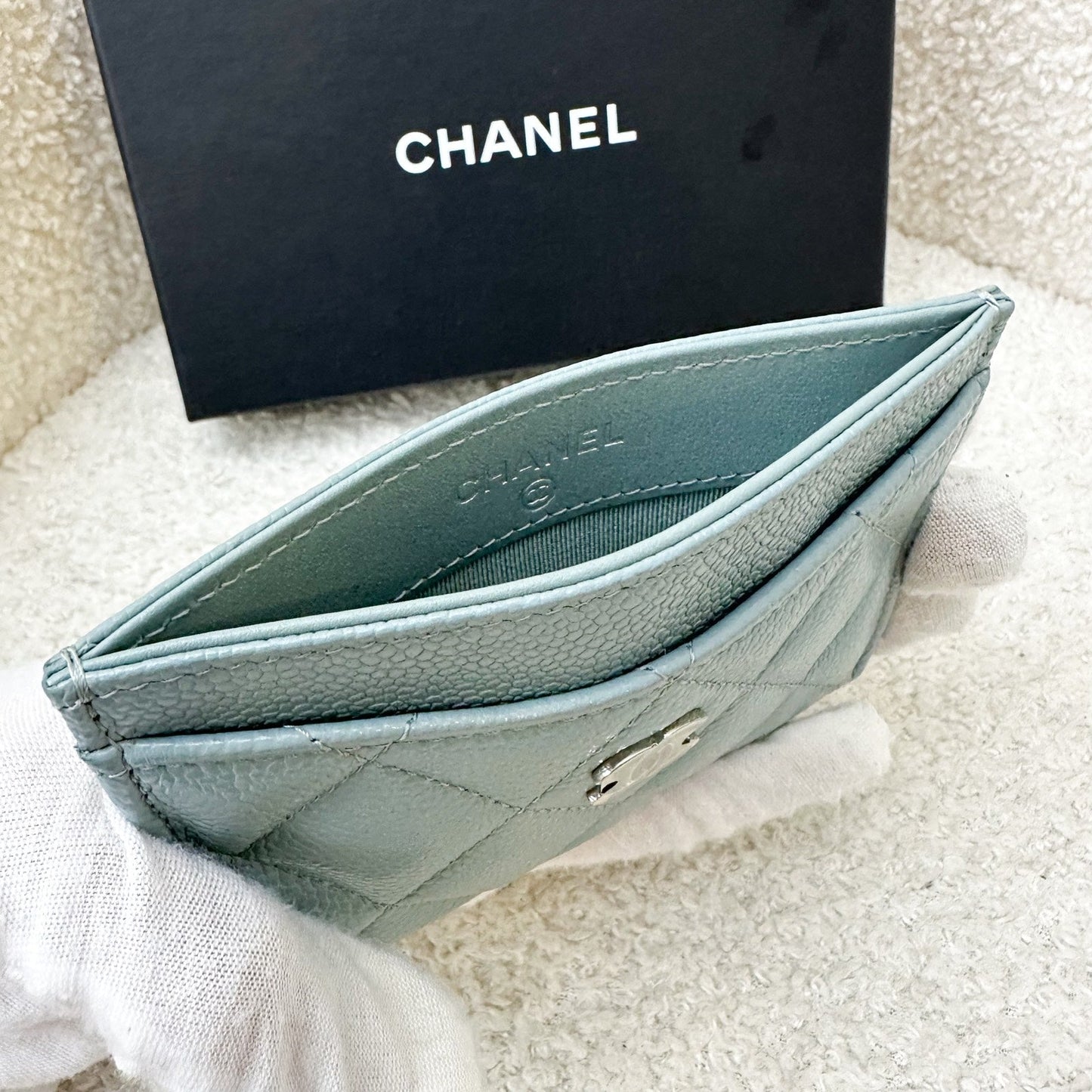 Chanel Classic Flat Card Holder in Seafoam Green / Grey Caviar and SHW