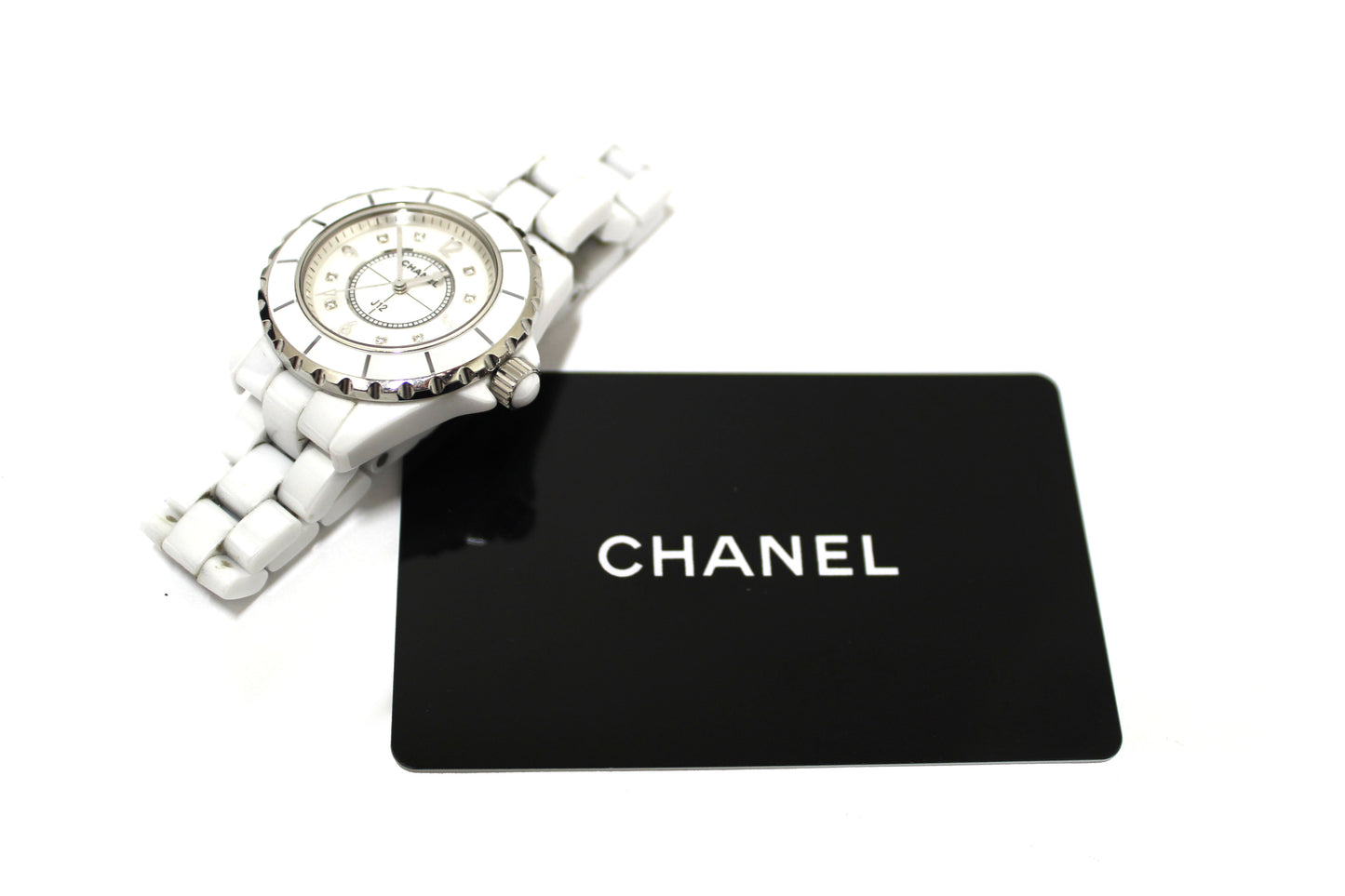 Chanel White Ceramic J12 Diamond Quatz Watch 33mm H2422