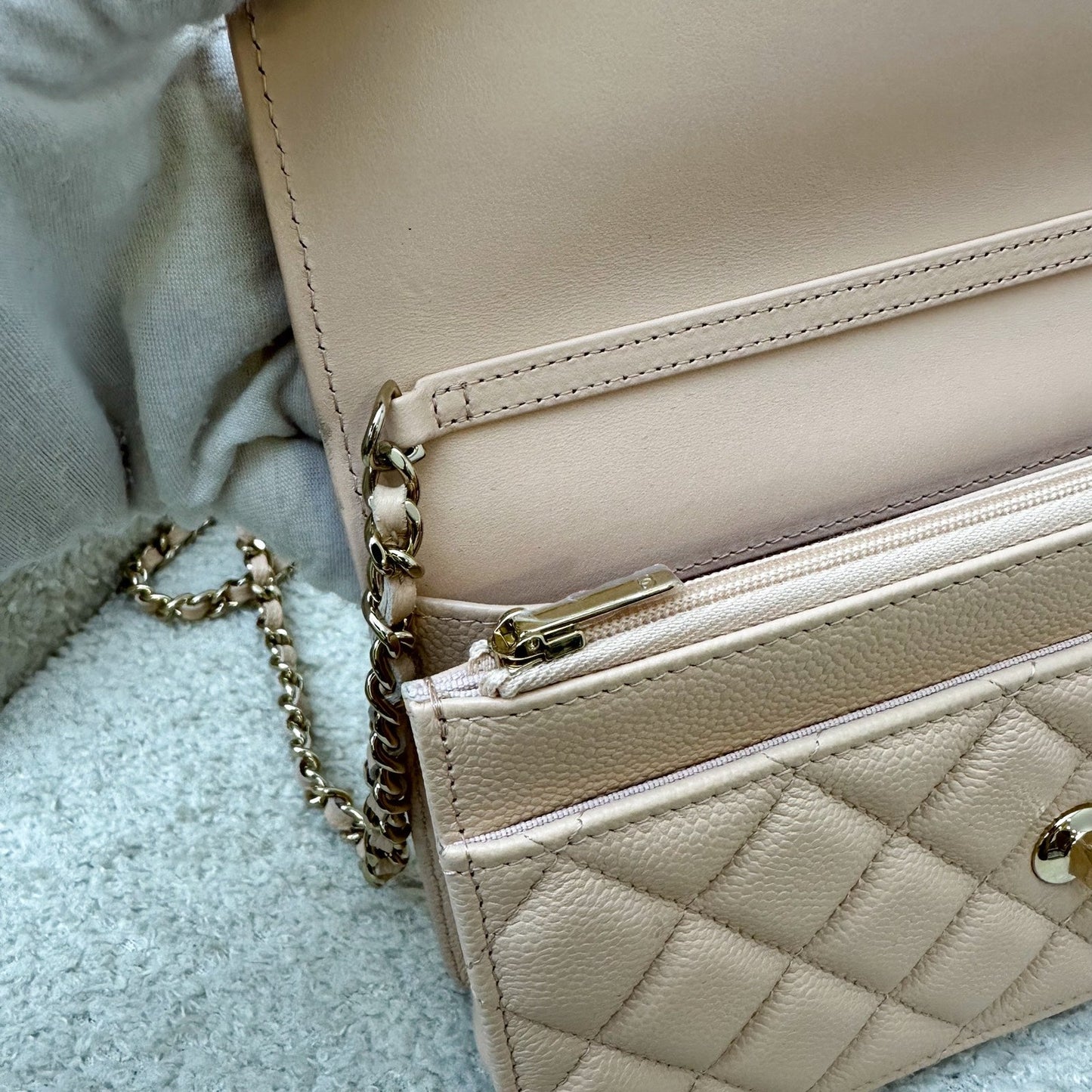 Chanel 23S Ribbon Chain Wallet on Chain WOC in Beige Caviar LGHW