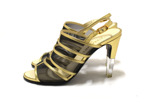 CHANEL Chanel Gold Leather and Black Mesh Lucite Heel Sandals Size 38 | Havik Shop.com - Shop Now at Havik Shop.com