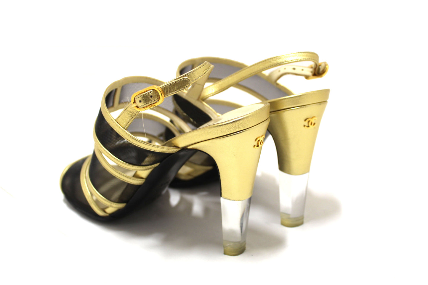 Chanel Gold Leather and Black Mesh Lucite Heel Sandals Size 38