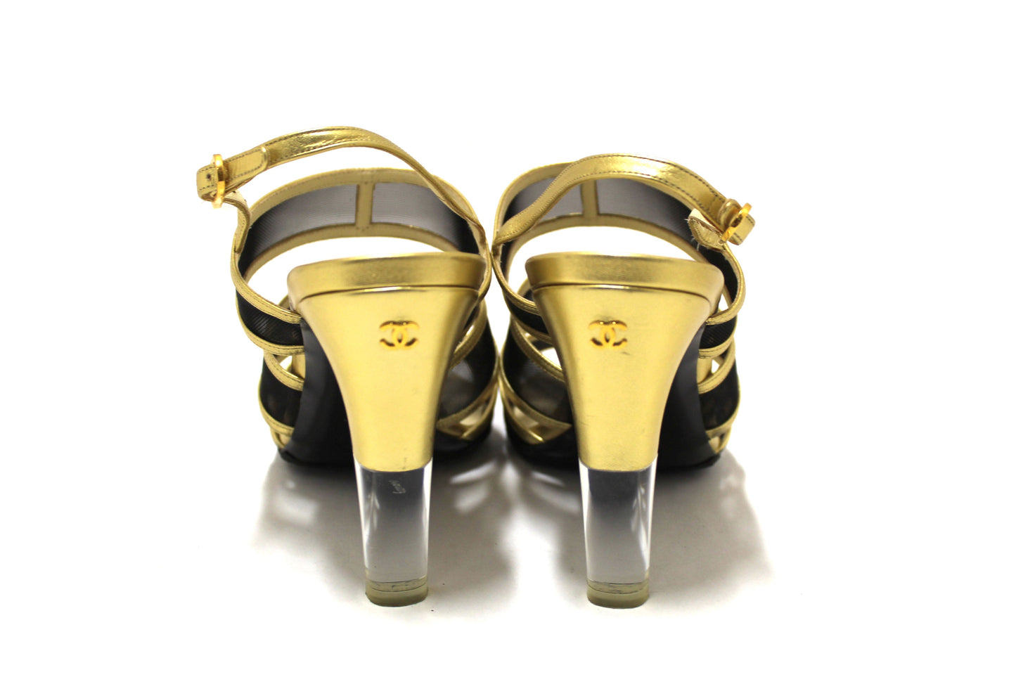 Chanel Gold Leather and Black Mesh Lucite Heel Sandals Size 38