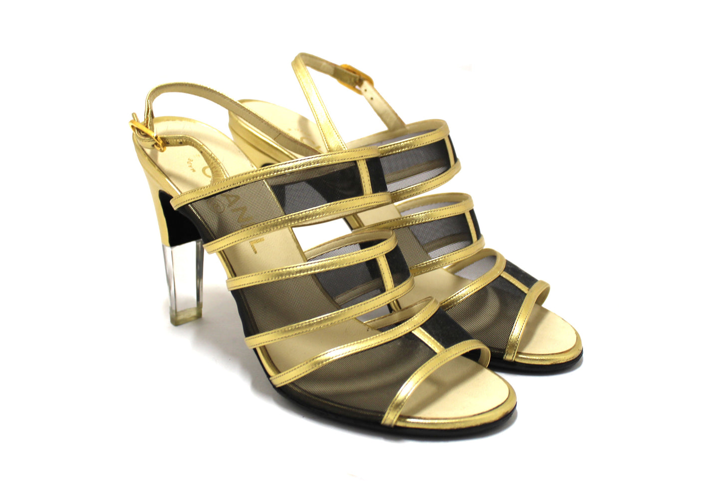Chanel Gold Leather and Black Mesh Lucite Heel Sandals Size 38
