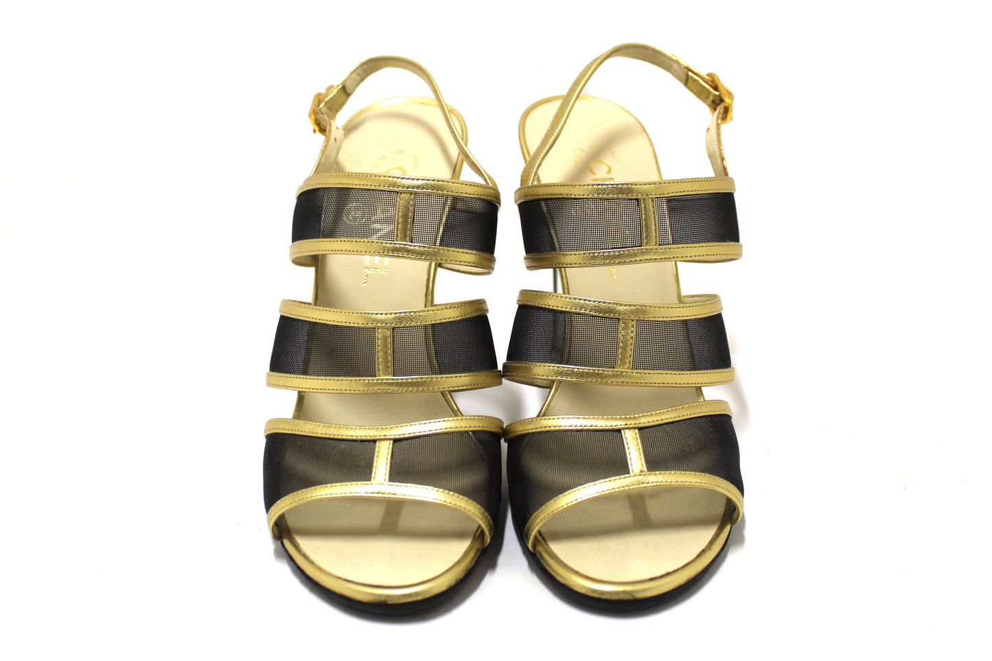 Chanel Gold Leather and Black Mesh Lucite Heel Sandals Size 38