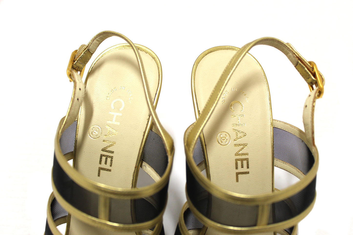 Chanel Gold Leather and Black Mesh Lucite Heel Sandals Size 38