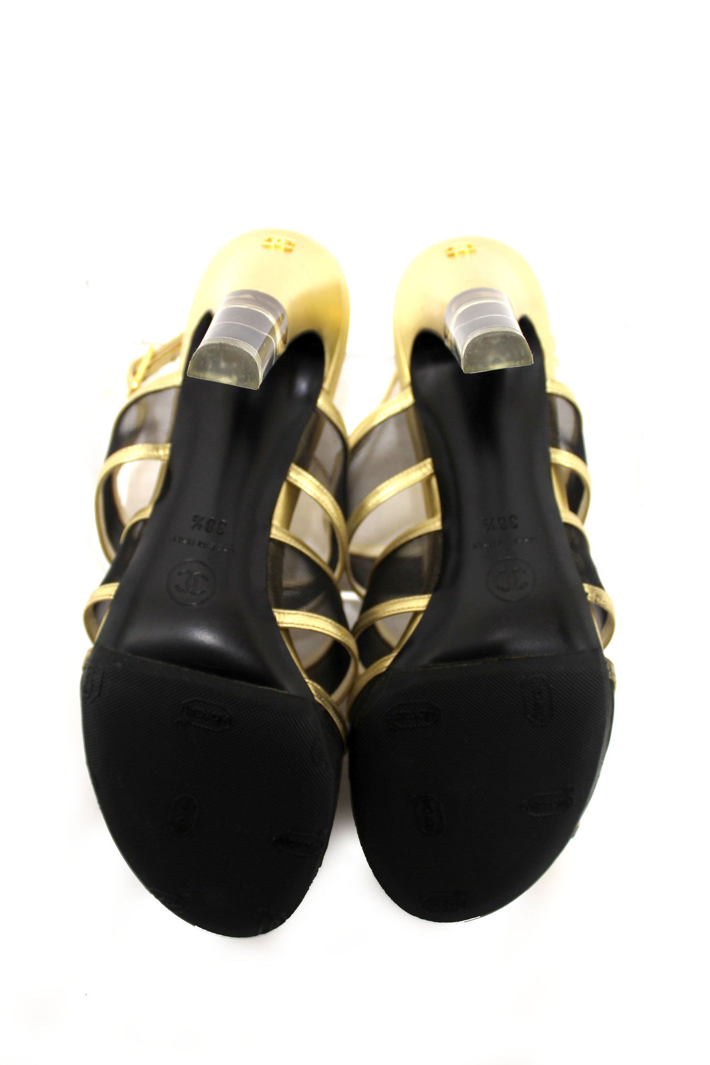 Chanel Gold Leather and Black Mesh Lucite Heel Sandals Size 38