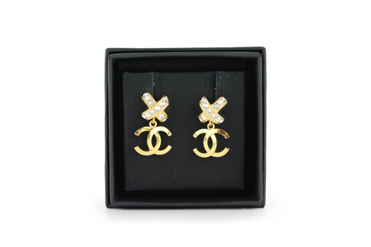 Gold/Crystal CC Drop Pendant Earrings