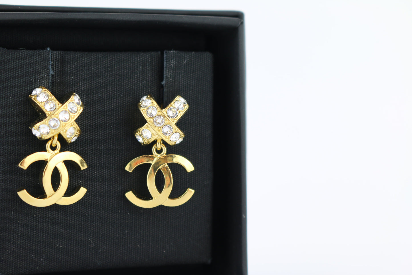 Gold/Crystal CC Drop Pendant Earrings