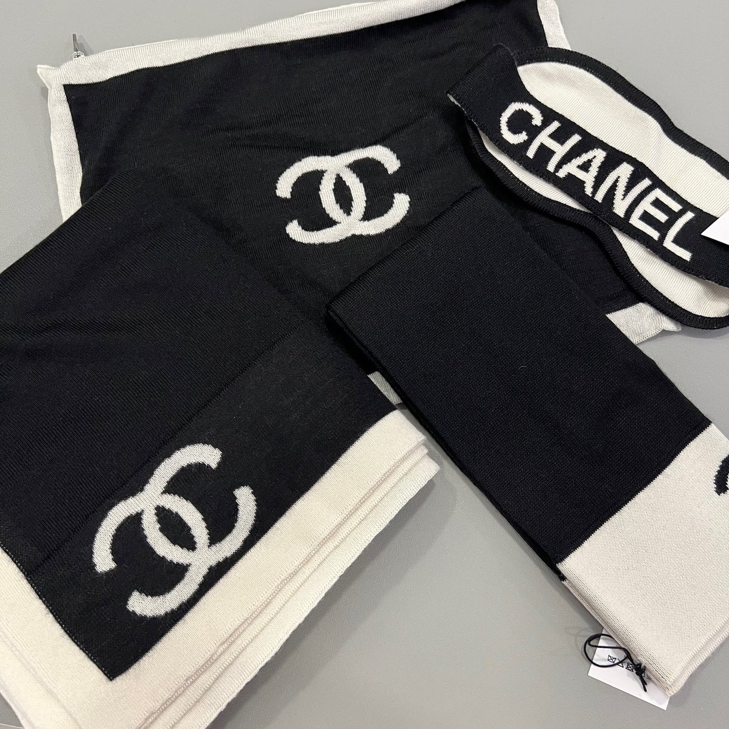 Chanel 4 Piece Travel Set with Pouch, Shawl, Socks and Eye Shield in Black and White Cashmere / Wool / Silk