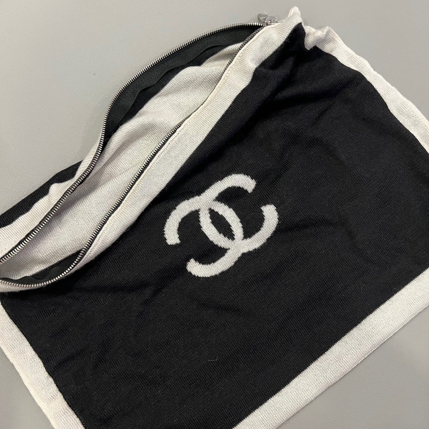 Chanel 4 Piece Travel Set with Pouch, Shawl, Socks and Eye Shield in Black and White Cashmere / Wool / Silk