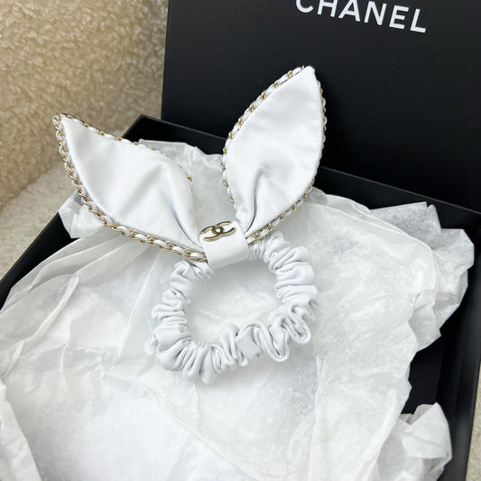 Chanel Hair Scrunchie Tie in White Lambskin and LGHW