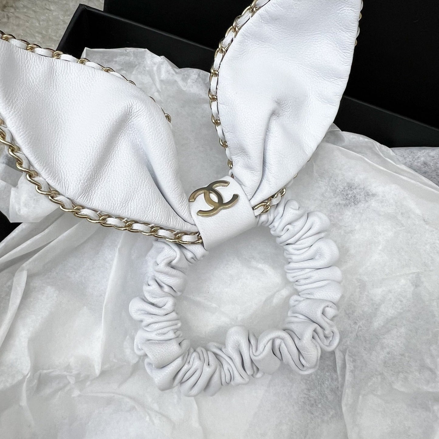 Chanel Hair Scrunchie Tie in White Lambskin and LGHW