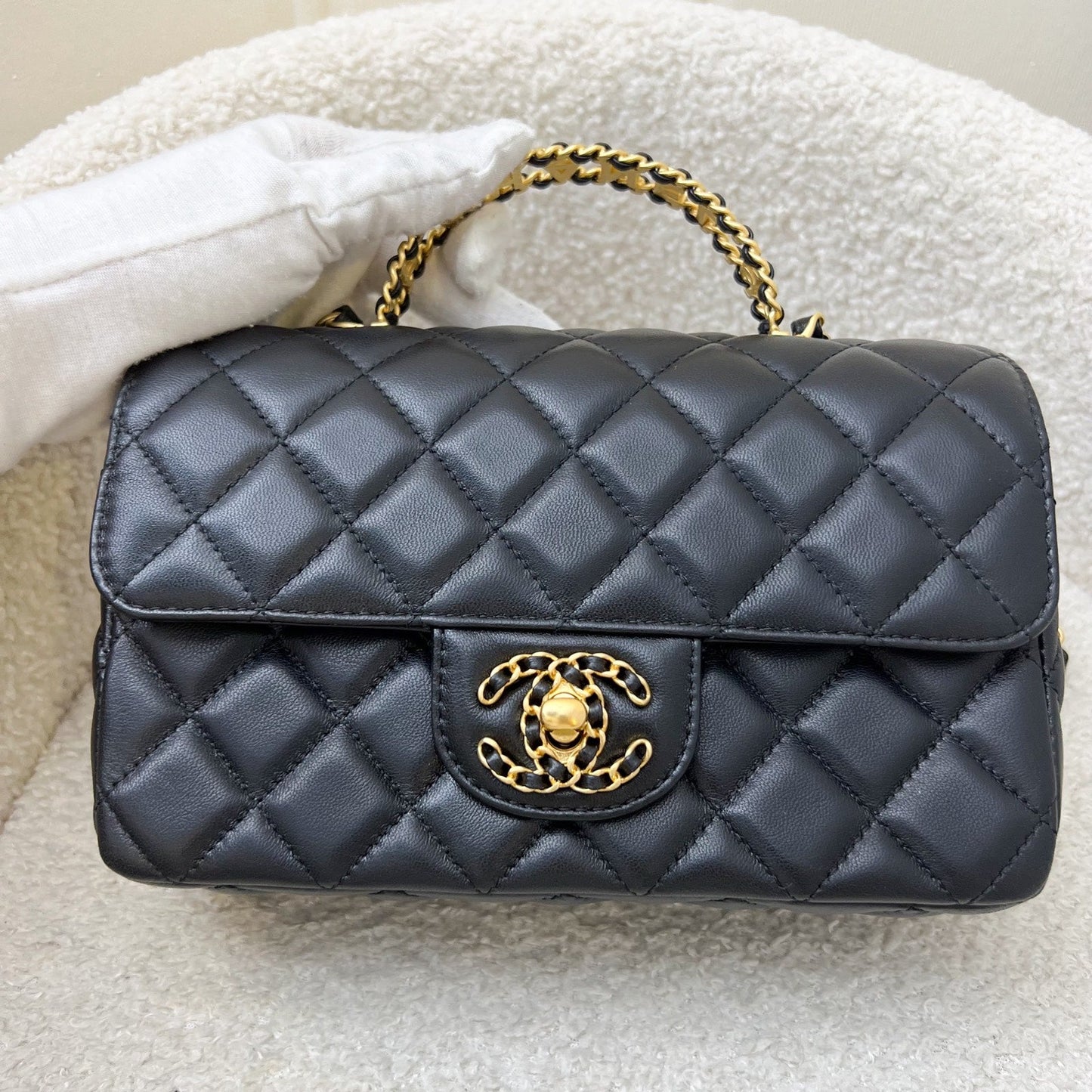 Chanel 24C "Pick Me Up" Top Handle Mini Rectangular Flap in Black Lambskin and AGHW (Model: AS4362)