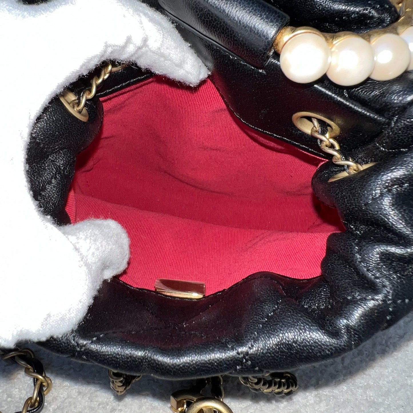 Chanel Pearl Handle Mini Drawstring Bucket Bag in Black Lambskin and AGHW (Model: AS2608)