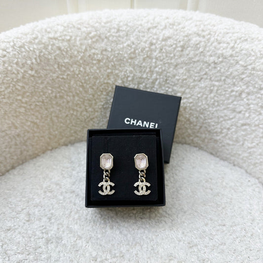 Chanel 22B Lilac Resin with Dangling Crystals Logo Earrings in AGHW