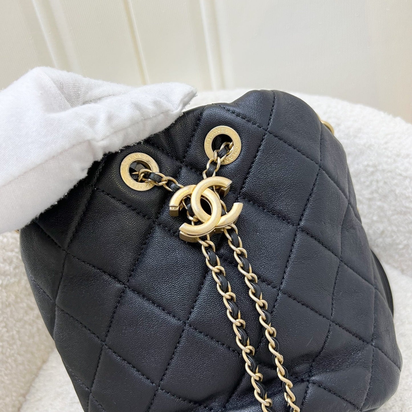 Chanel Pearl Handle Mini Drawstring Bucket Bag in Black Lambskin and AGHW (Model: AS2608)