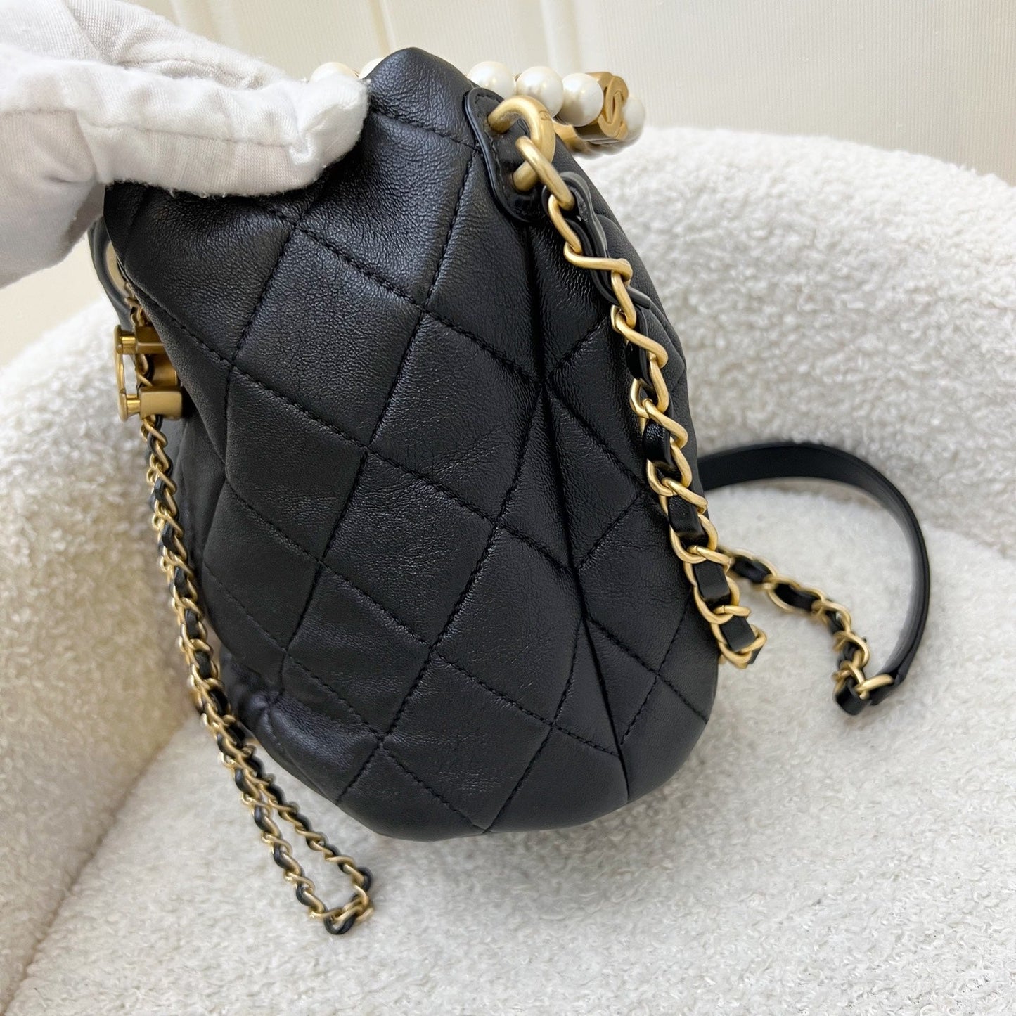Chanel Pearl Handle Mini Drawstring Bucket Bag in Black Lambskin and AGHW (Model: AS2608)