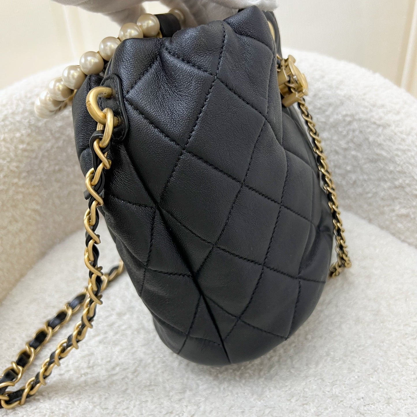 Chanel Pearl Handle Mini Drawstring Bucket Bag in Black Lambskin and AGHW (Model: AS2608)