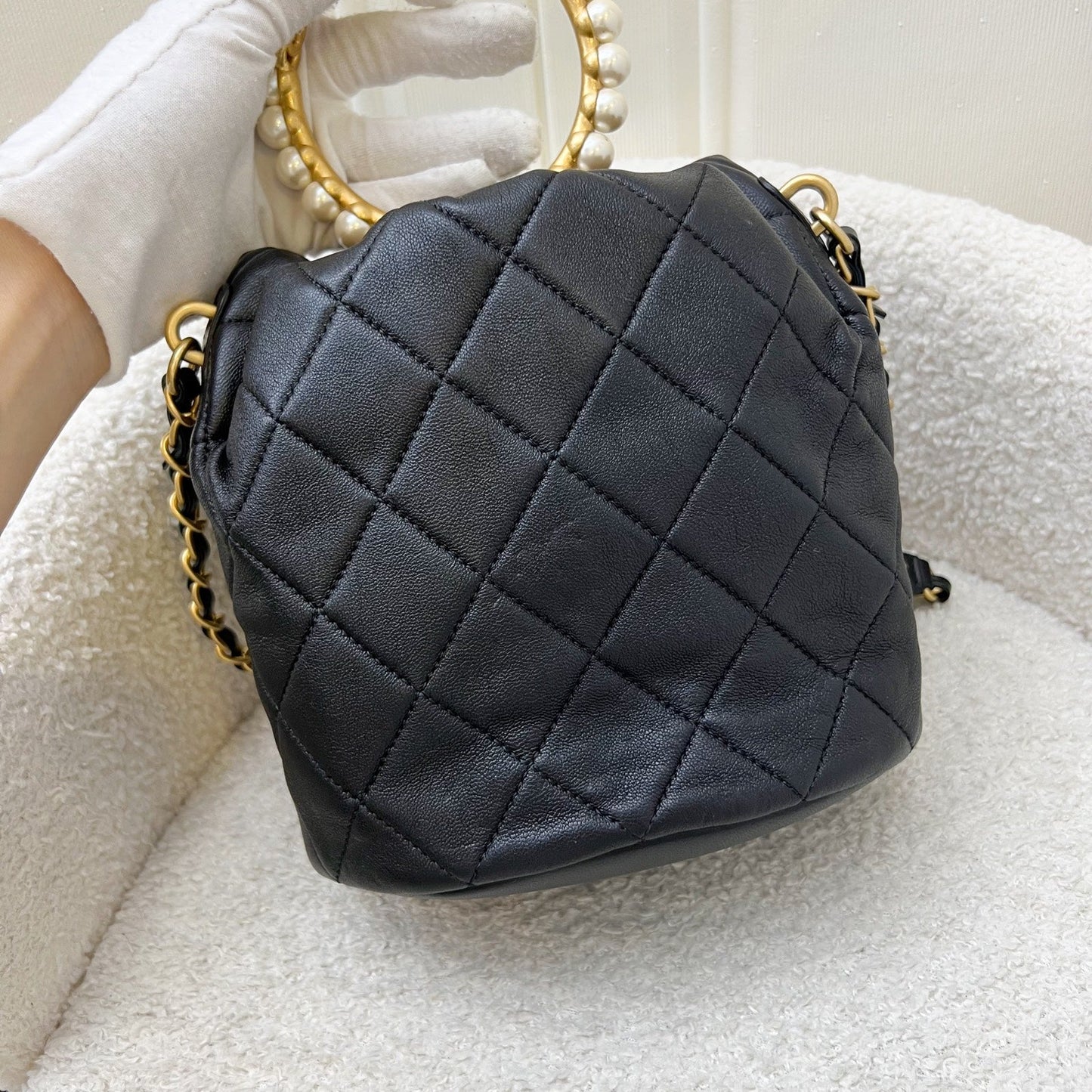 Chanel Pearl Handle Mini Drawstring Bucket Bag in Black Lambskin and AGHW (Model: AS2608)