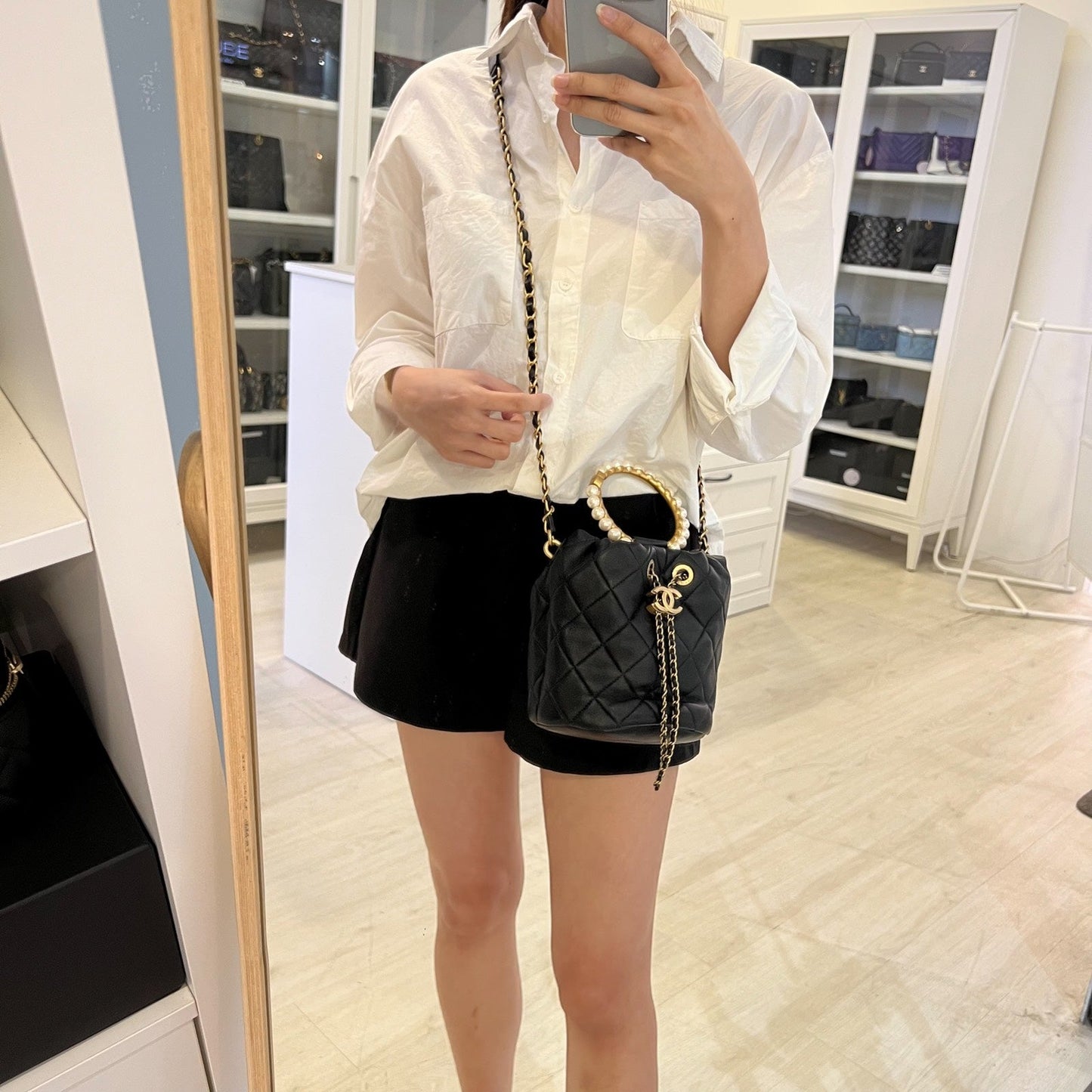 Chanel Pearl Handle Mini Drawstring Bucket Bag in Black Lambskin and AGHW (Model: AS2608)