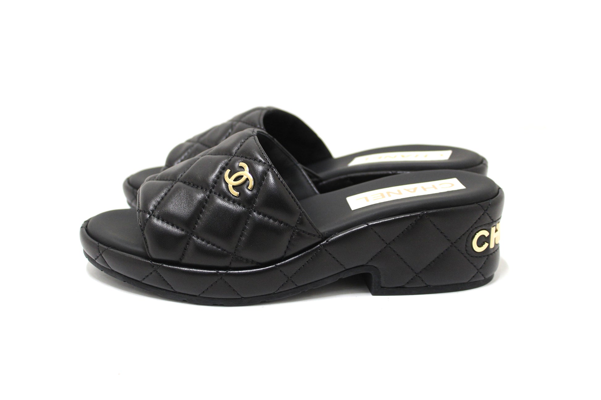 Chanel Black Quilted Lambskin Leather Platform Slid | Havik Shop.com - Now at Havik Shop.com