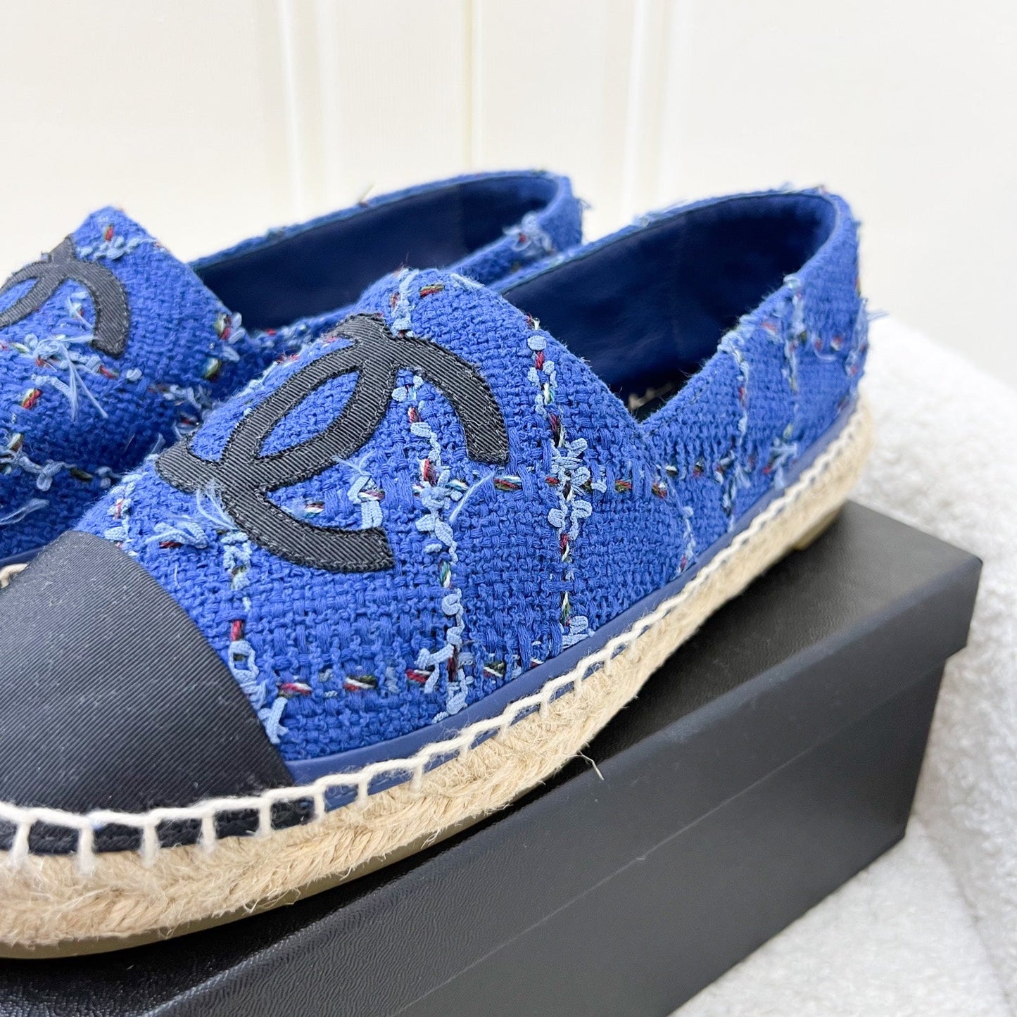 Chanel Espadrilles in Blue Tweed and Black Gosgrain Sz 37