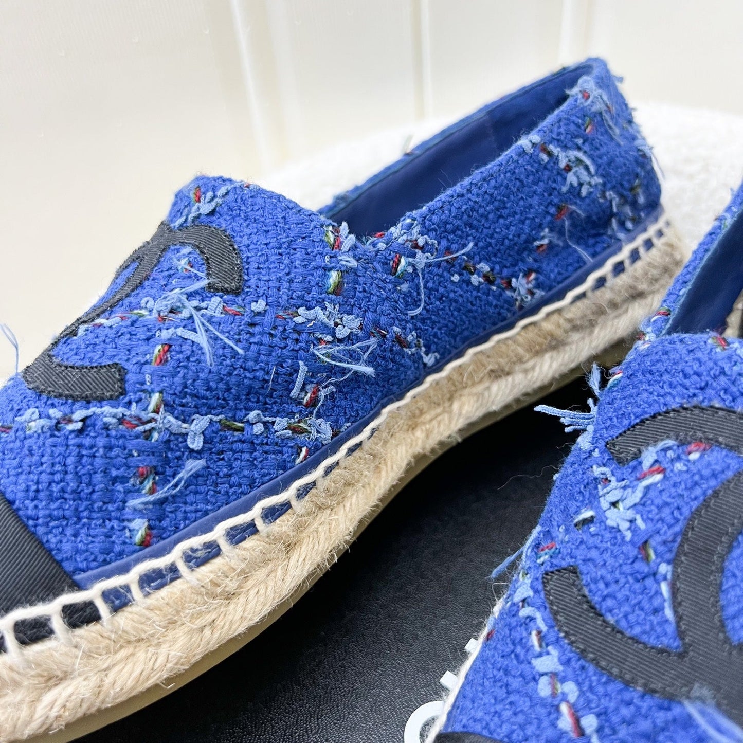 Chanel Espadrilles in Blue Tweed and Black Gosgrain Sz 37