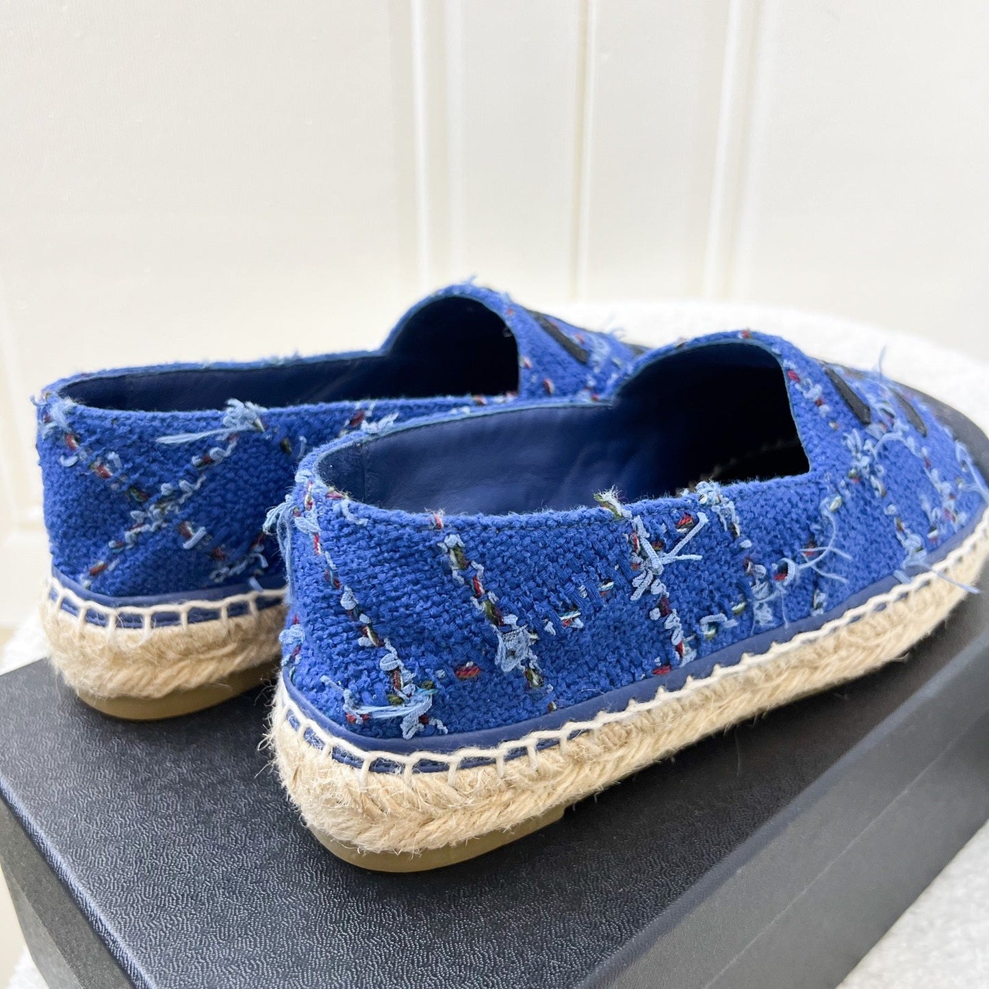 Chanel Espadrilles in Blue Tweed and Black Gosgrain Sz 37