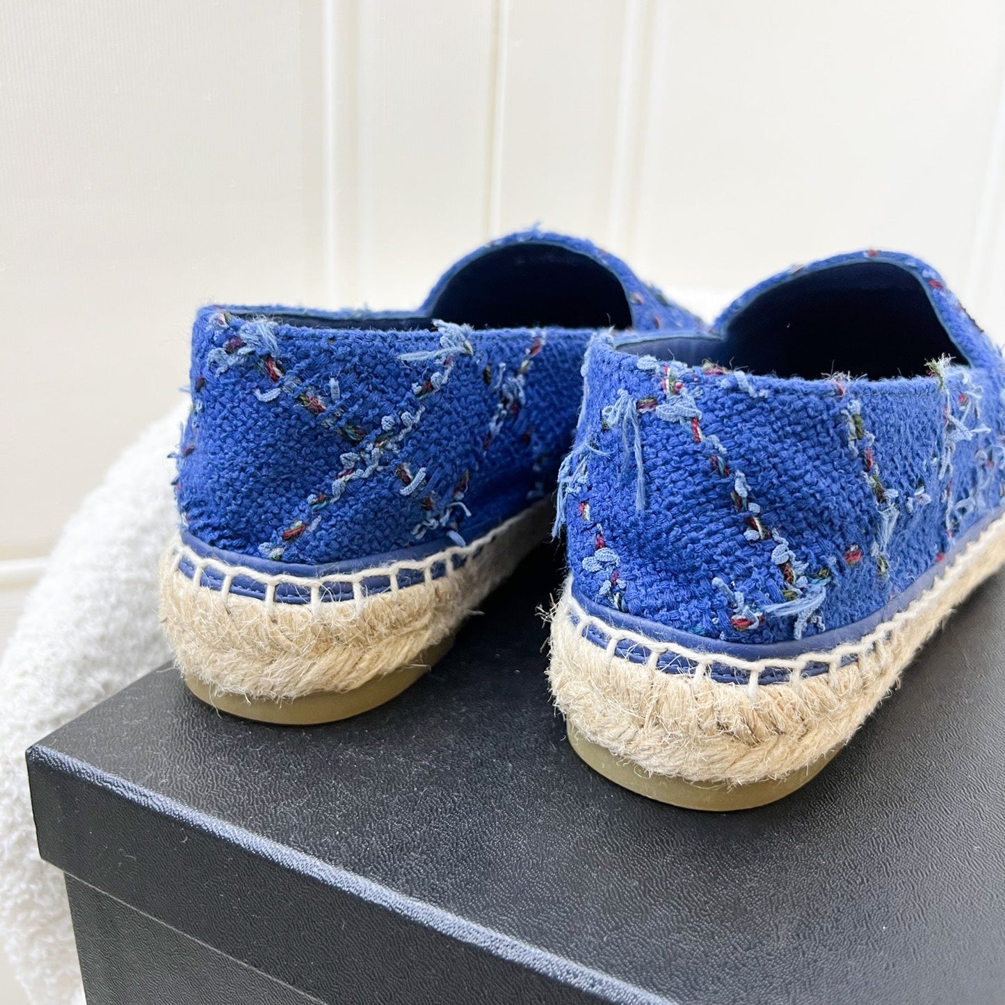 Chanel Espadrilles in Blue Tweed and Black Gosgrain Sz 37
