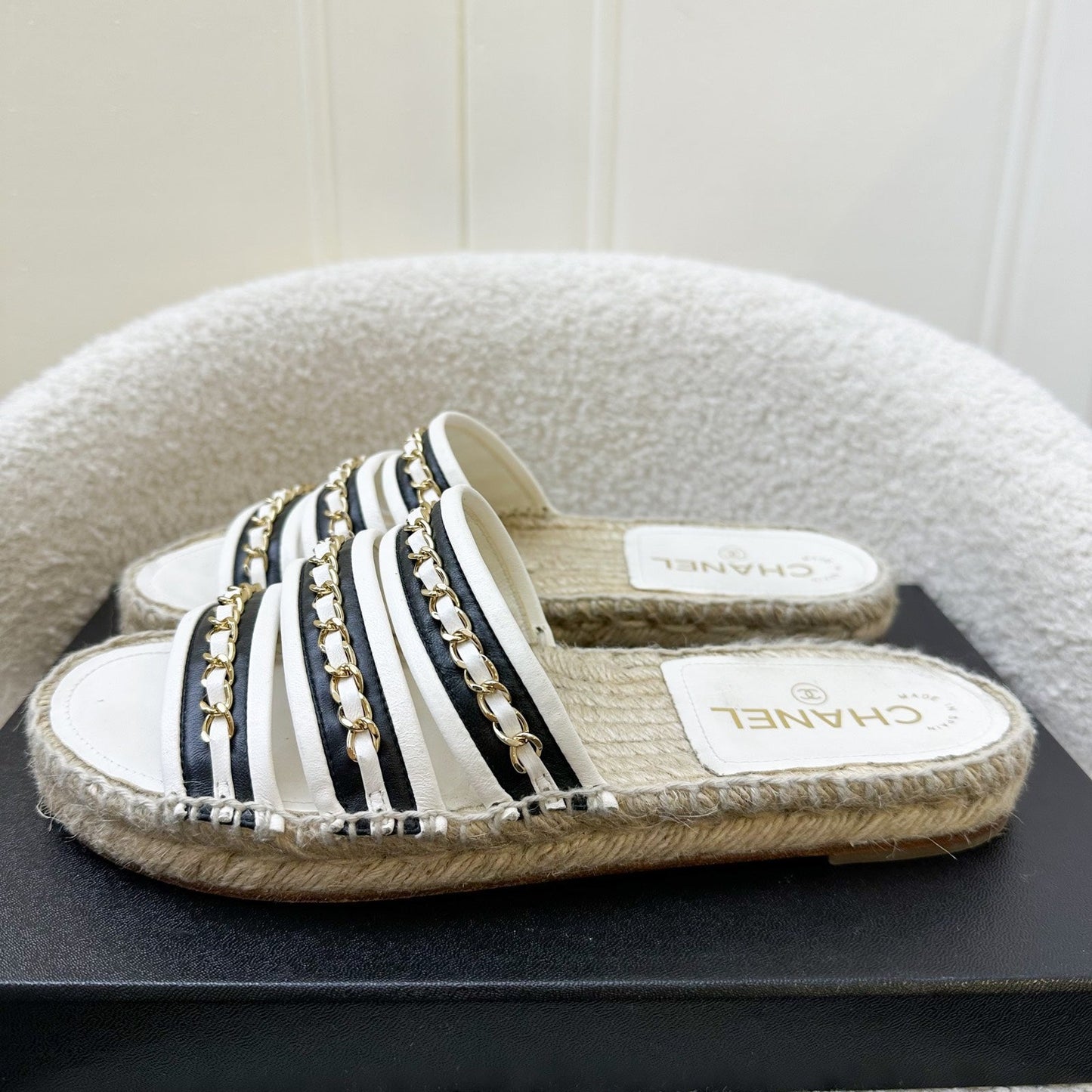 Chanel 20P Espadrille Slides / Sandals in Black and White Leather with GHW