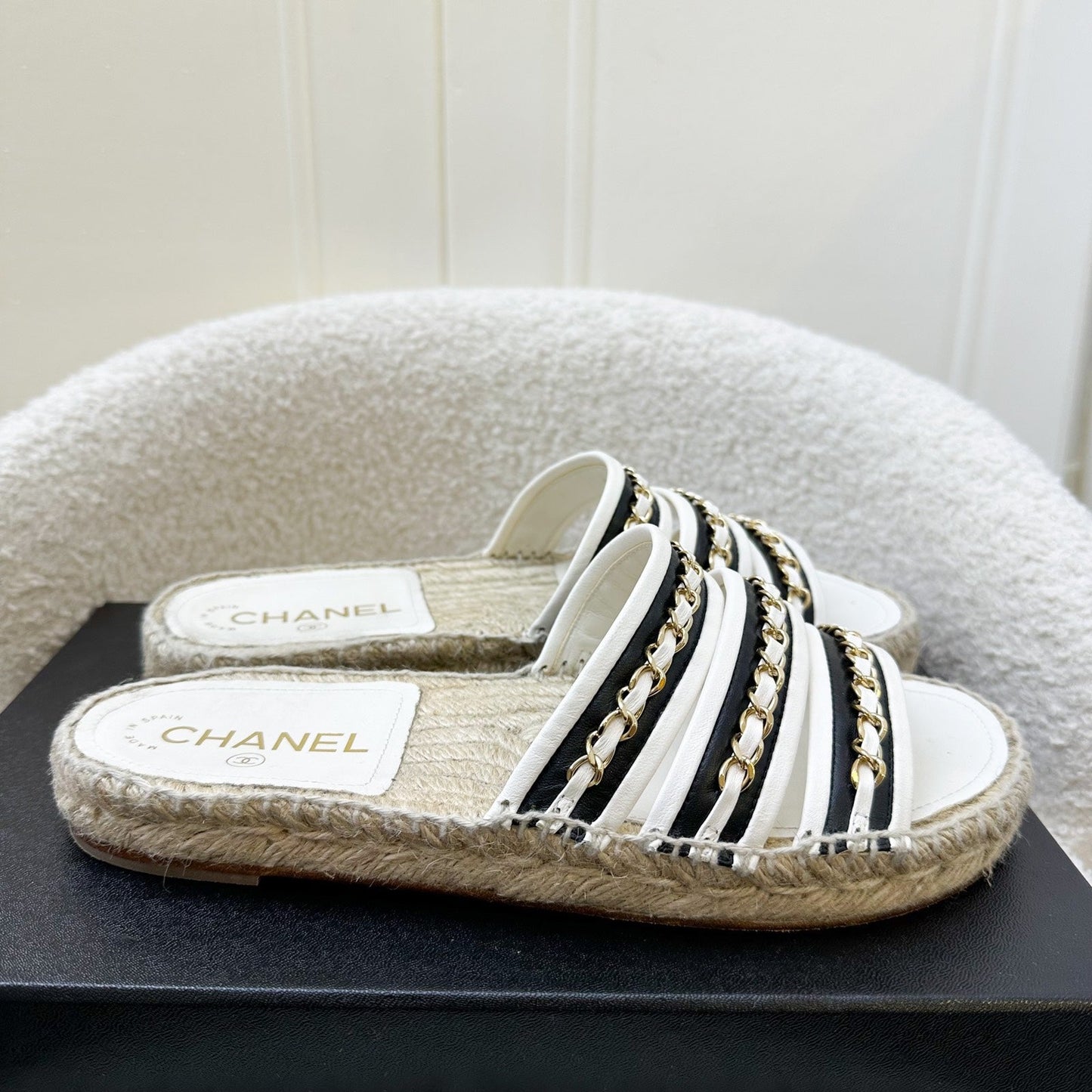 Chanel 20P Espadrille Slides / Sandals in Black and White Leather with GHW