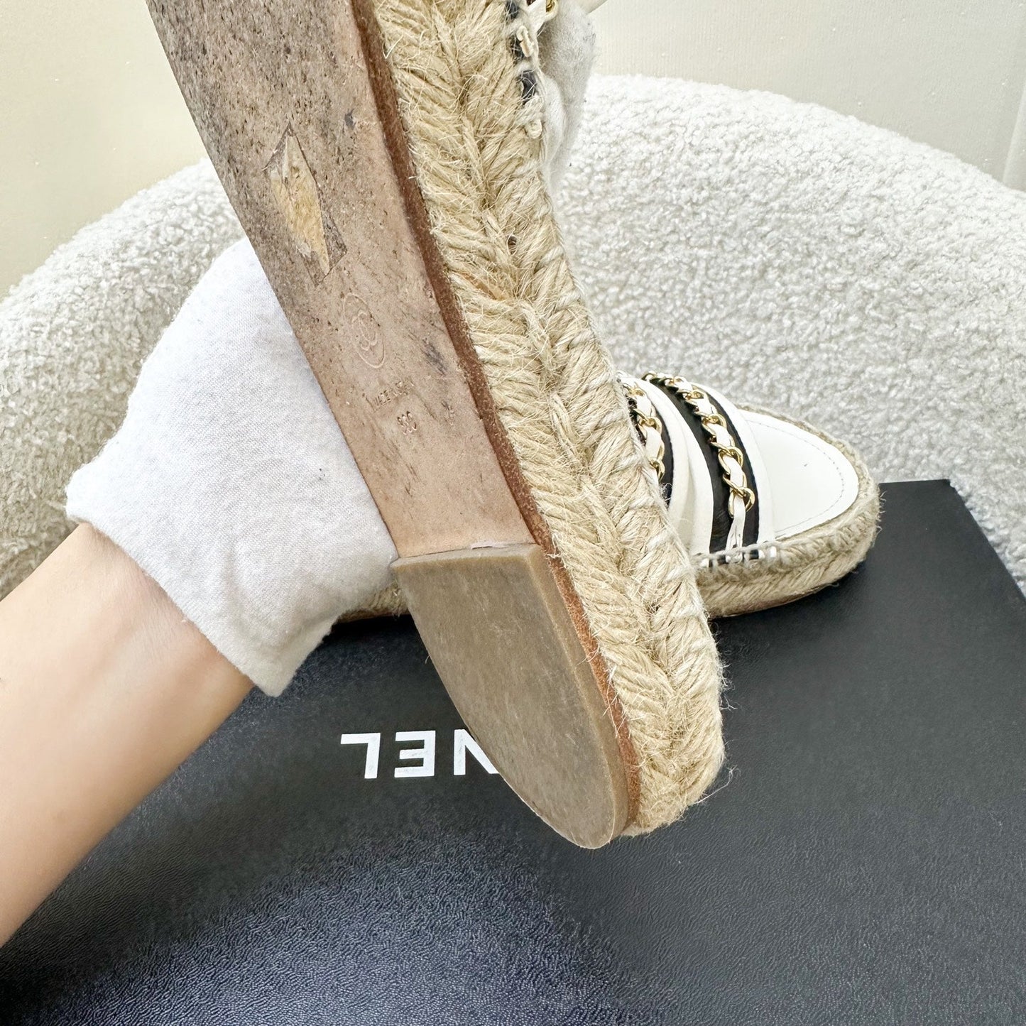 Chanel 20P Espadrille Slides / Sandals in Black and White Leather with GHW