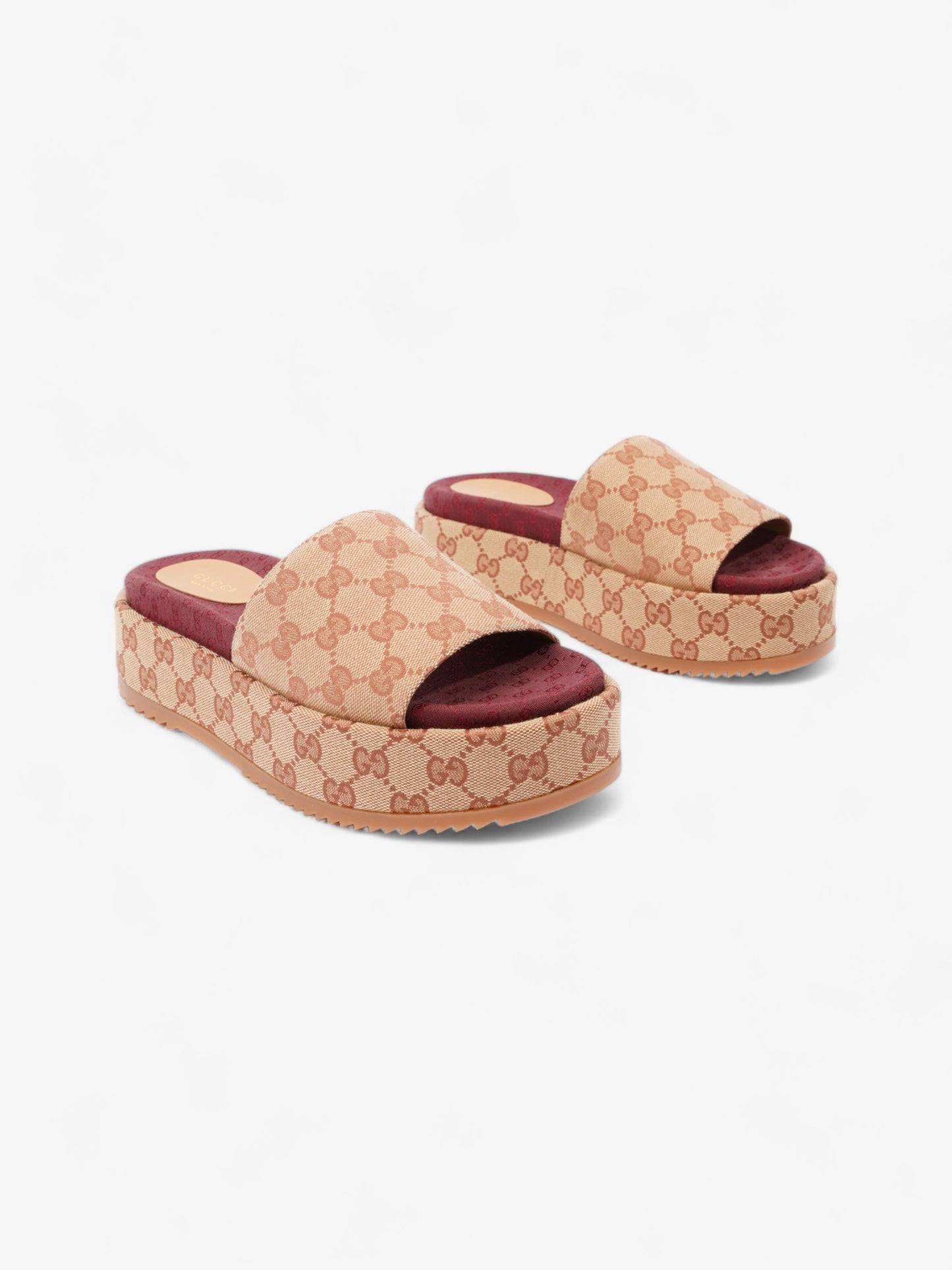 Gucci GG Canvas Platform Sandal Gold / Burgundy Canvas EU 38 UK 5