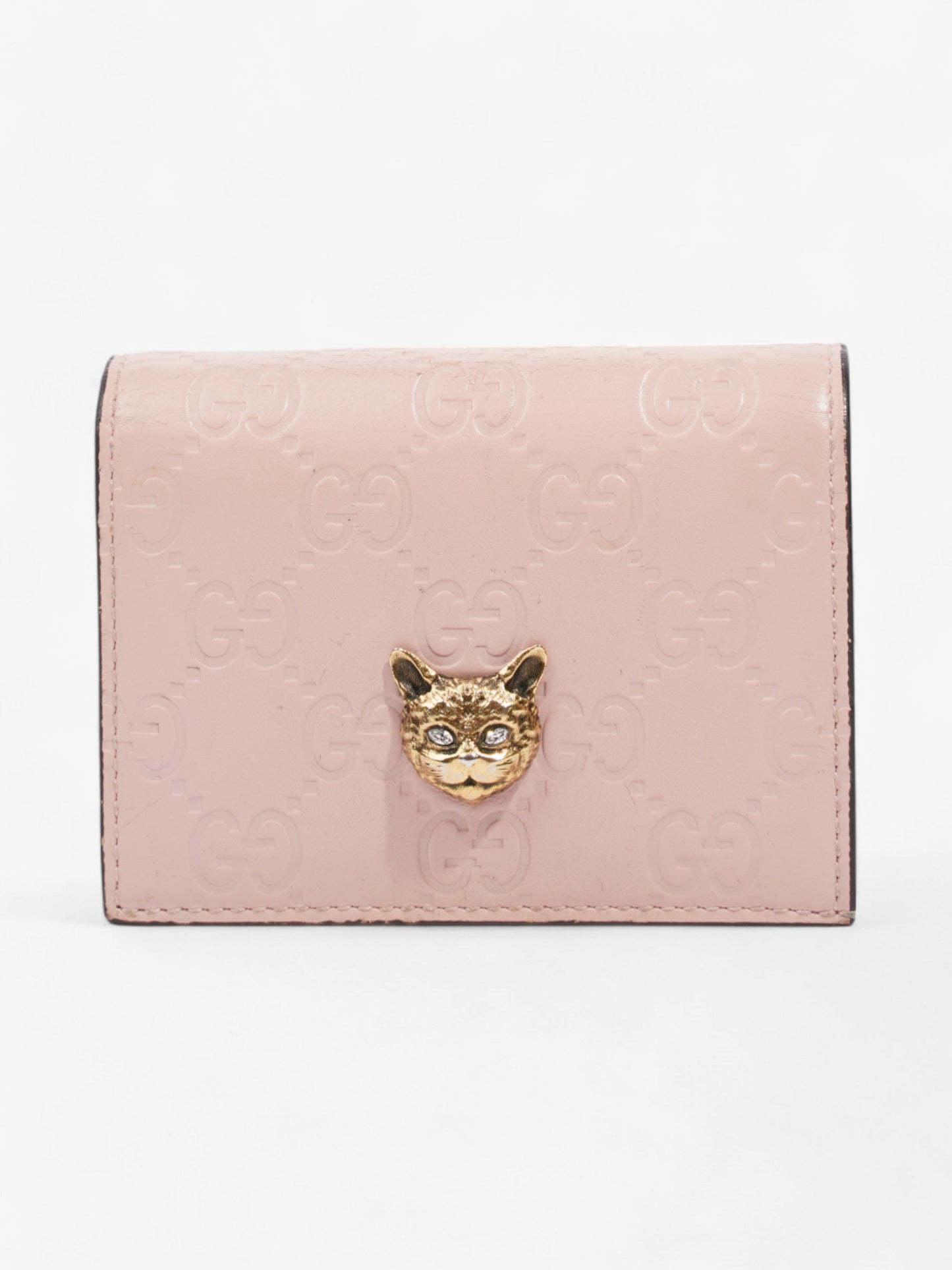 Gucci Guccissima Signature Crystal Cat Card Case Wallet Light Candy Pink Calfskin Leather